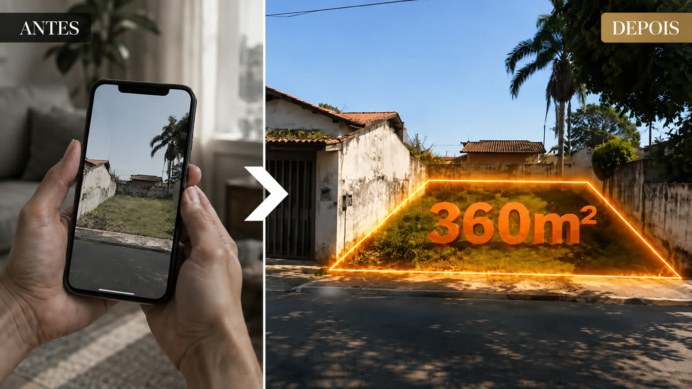 Antes e depois: foto comum de um lote no celular virando uma apresentação com a metragem destacada