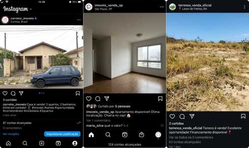 Prints de posts comuns de imóveis: fotos estáticas, sem edição, com pouco engajamento
