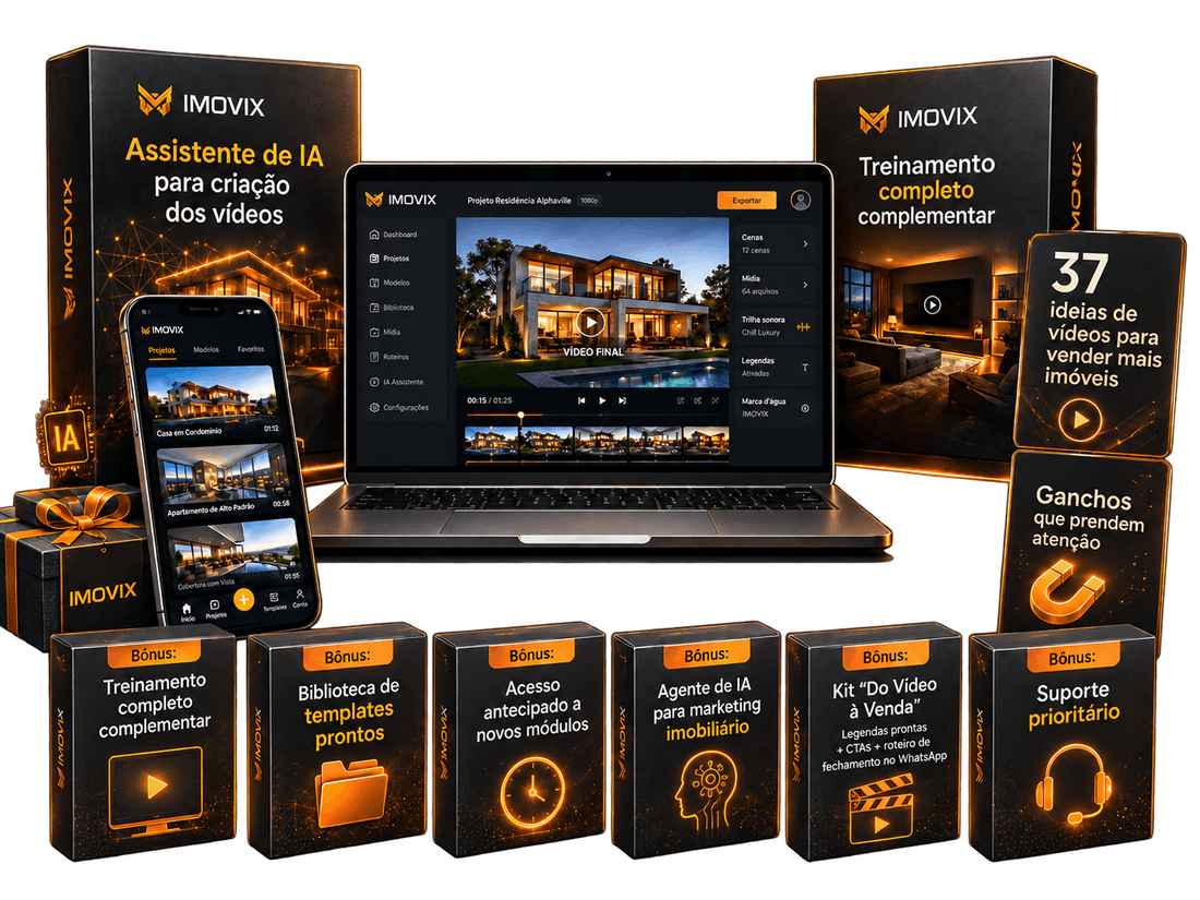 Plataforma IMOVIX e os bônus inclusos: assistente de IA, treinamento completo, biblioteca de templates, kit do vídeo à venda e suporte prioritário